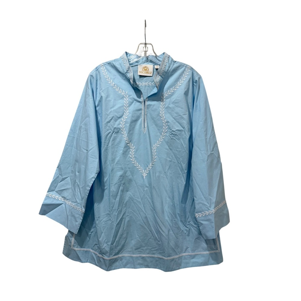 NicoBlu Light Blue Cotton Embroidered Tunic Top XXL Long Sleeve Resort Wear